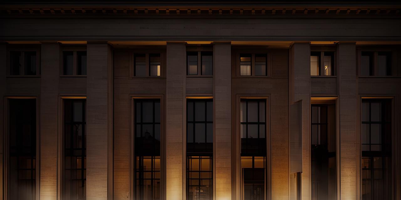 Dunkel inszenierte Wiener Gerichtsfassade mit klaren Linien und warmem Licht am Abend