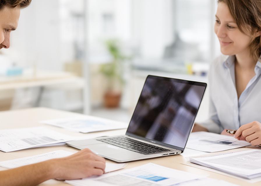 Associate in moderner Kanzlei mit Laptop und Unterlagen auf einem hellen Arbeitstisch