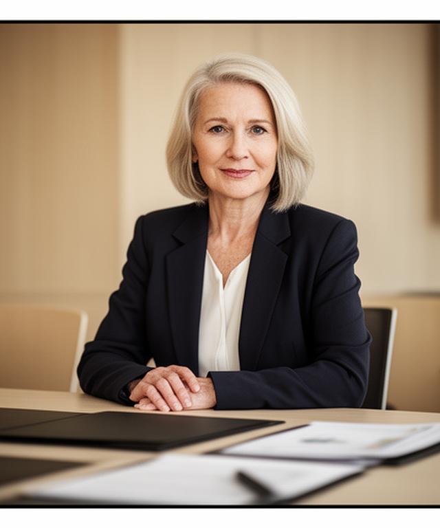Dr. Elisabeth Wagner im Besprechungsraum einer Wiener Kanzlei mit Aktenmappe und ruhigem, professionellem Auftreten